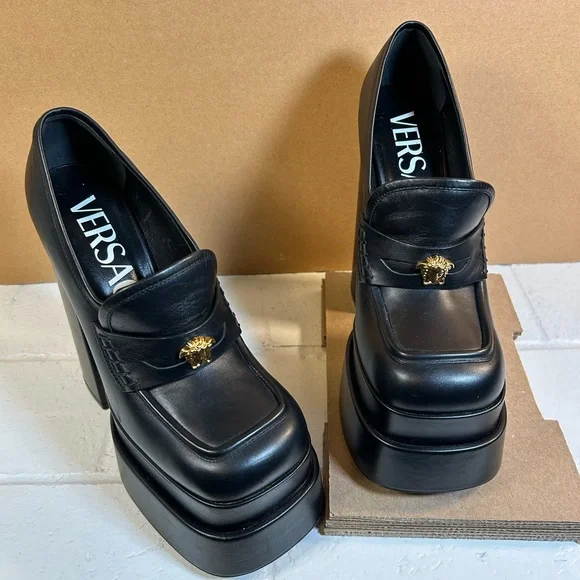 Versace Aevitas Black and Gold Platform Heels - Picture 3 of 9